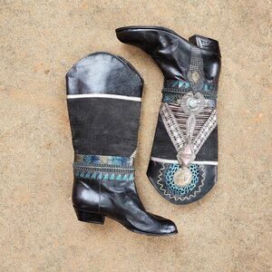 Serena d'Italia Black Leather Womens Boots Embellished Metallic Art Deco 37 6.5